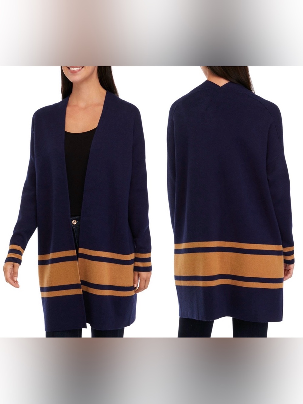 Crown & Ivy Open Front Navy Camel Stripe Open Front Color Block Cardigan Size 1X